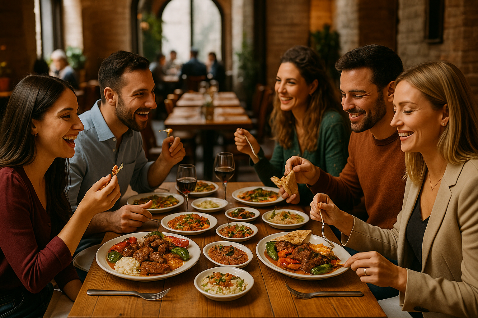 Cozy dining scene with beautifully plated Turkish dishes