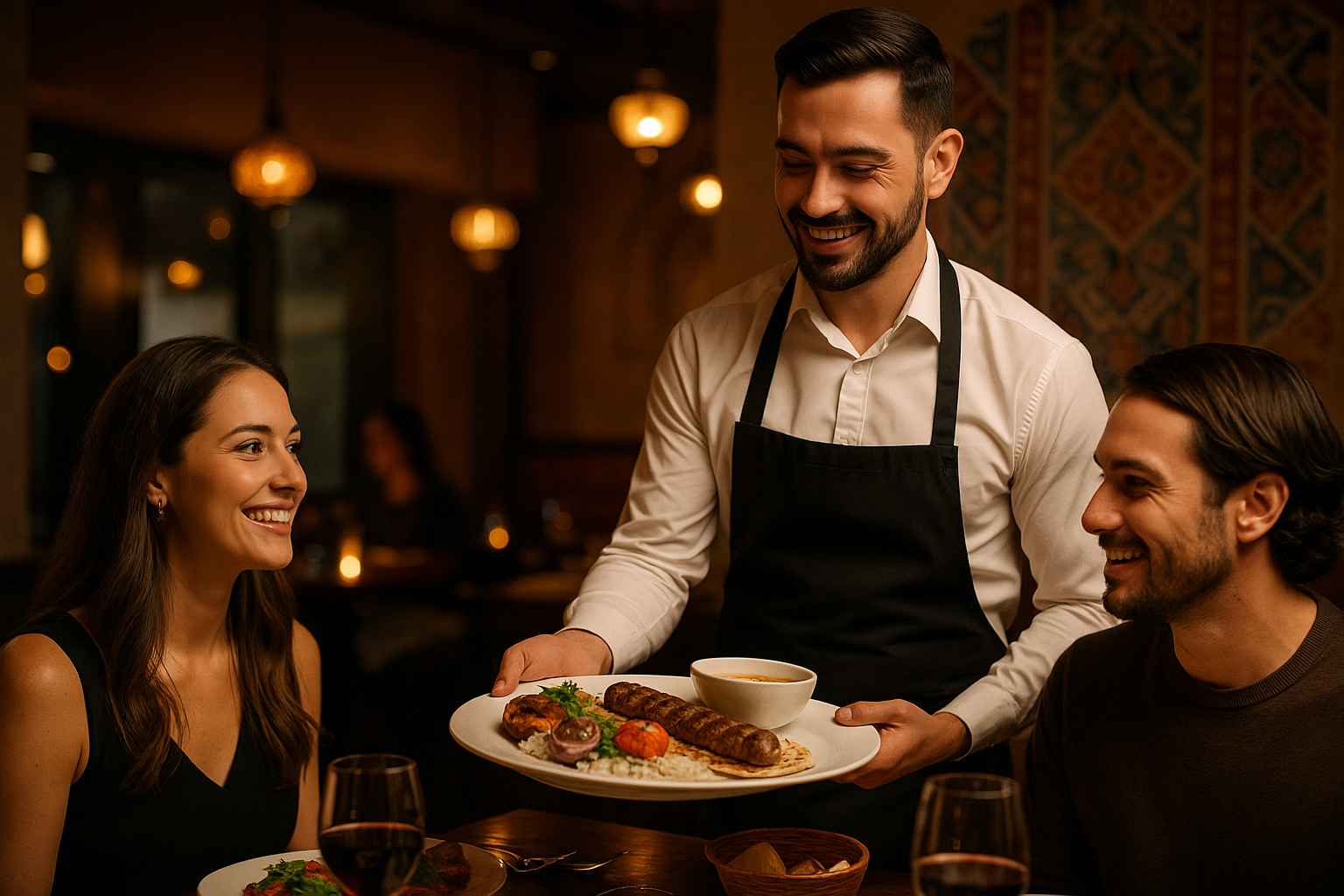 Attentive restaurant staff serving a table with a warm smile